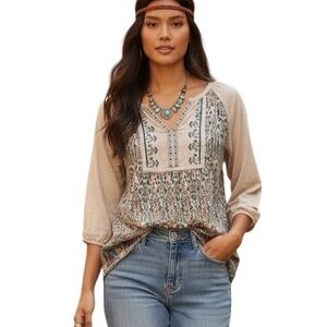 Vintage America Large Floral Embroidered Boho Vneck Elbow Length Shirt Boho